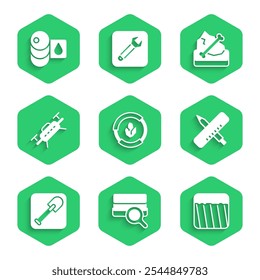 Set Soil analysis, Ground, Crossed ruler and pencil, Shovel, Drone, Archeology and Barrel icon. Vector