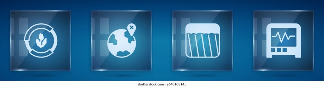 Set Soil analysis, Location on the globe, Ground and Seismograph. Square glass panels. Vector