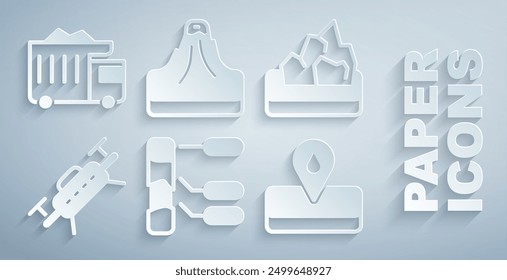 Set Soil analysis, Ore mining, Drone, Oilfield, Volcano and Mining dump truck icon. Vector
