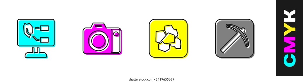 Set Soil analysis, Photo camera, Gold nugget and Pickaxe icon. Vector