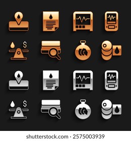 Set Soil analysis, Seismograph, Barrel, Exhibition with minerals, rocks, Oil money, Oilfield and drop document icon. Vector