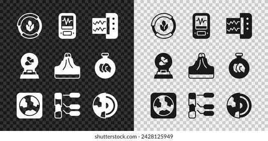Análisis de suelos, sismógrafo, globo terrestre, corteza de estructura central, exposición con minerales, rocas e icono del volcán. Vector