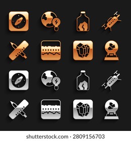 Set Soil ground layers, Drone, Exhibition with minerals, rocks, Gem stone, Crossed ruler and pencil, Ore mining, Compass and Global planet bulb icon. Vector