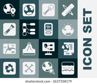 Set Soil ground layers, Earth globe with document, core structure crust, Shovel, analysis, Paint brush, Global planet bulb and Seismograph icon. Vector