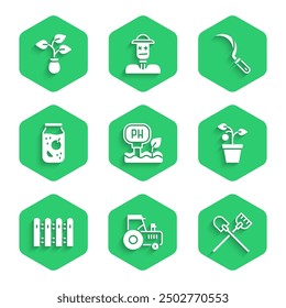 Set Soil ph testing, Tractor, Shovel, Plant pot, Garden fence wooden, Jam jar, Sickle and  icon. Vector