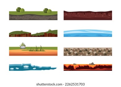 Set of soil type and earth surface in cartoon style. Vector illustration of a field with bushes, grass, land, ocean, stones, lava, ice isolated on white background. Ground and underground layers.