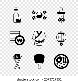 Set Soju bottle, South Korea flag, Korean hat, Sushi with chopsticks, hand fan, Ramen, won coin and Kimono icon. Vector