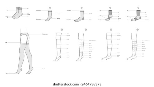 Satz von Socken und engen Teilen Diagramme mit Textnamen. Strumpfwaren Mode Accessoire Bekleidung technische Illustration Strumpf Strumpfwaren. Seitenansichtstil der Vektorgrafik, CAD-Skizzenumriss der flachen Vorlage isoliert 