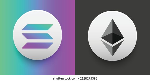 Set von Solana (SOL) und Ethereum (ETH) Krypto Währung Logo und Symbol Symbole Vektorvorlage. Kann als Aufkleber, Abzeichen, Schaltflächen und Embleme für Konzepte der virtuellen digitalen Geldtechnologie verwendet werden.