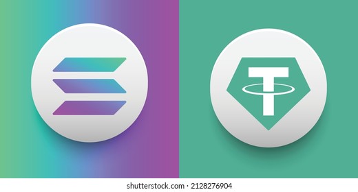 Set of Solana (SOL) and Tether (USDT) Crypto currency logo and symbol icons vector template. Can be used as stickers, badges, buttons and emblems for virtual digital money technology concepts.