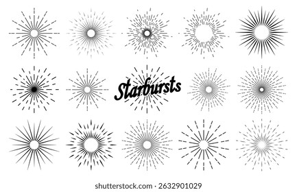 A set of solar bursts on a white background. Suns and sun rays in vintage style. Collection of starbursts, logos. Vector illustration.