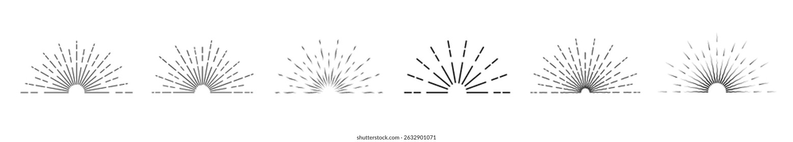 A set of solar bursts on a white background. Sunset and sun rays in vintage style. A collection of starbursts, fireworks, logos. Vector illustration.
