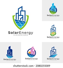 Conjunto de la plantilla vectorial del logotipo de la ciudad solar, conceptos de diseño del logotipo de energía del panel solar creativo