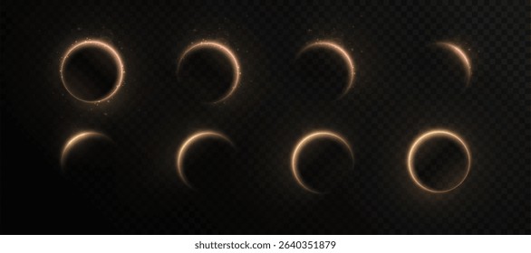 Set of solar eclipse phases with gold and red highlights on transparent background. Suitable for space, astronomy and scientific illustrations.