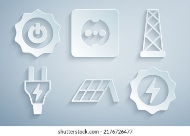 Set Solar energy panel, Antenna, Electric plug, Lightning bolt, Electrical outlet and Power button icon. Vector