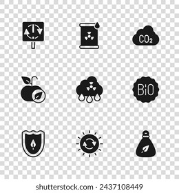 Set Solar energy panel, Banner for bio, Garbage bag, Acid rain radioactive cloud, CO2 emissions, Recycle symbol, Radioactive waste barrel and Apple icon. Vector