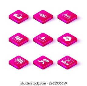 Set Solar energy panel, Barrel oil leak, Forest, Deforestation, Wastewater, CO2 emissions in cloud, Oil tanker ship and Medical protective mask icon. Vector