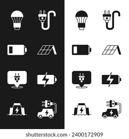 Ajuste panel de energía solar, batería, bombilla LED, enchufe eléctrico, auto e icono de represa hidroeléctrica. Vector