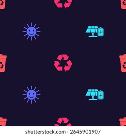Set Solar energy panel and battery, Cute sun with smile, Recycle symbol and bin recycle on seamless pattern. Vector