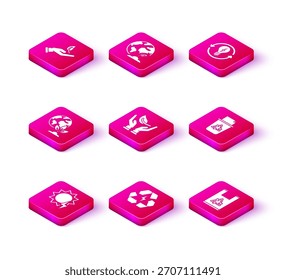 Set Solar energy panel, Battery with recycle symbol, Earth globe and plant, Sprout in hand of environmental protection, Plastic bag, Recycle bin, light bulb lightning and  icon. Vector
