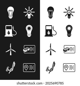 Set Solar energy panel, Bio fuel with fueling nozzle, Light bulb, gear, Wind turbine, Financial document, Address book and Signature icon. Vector