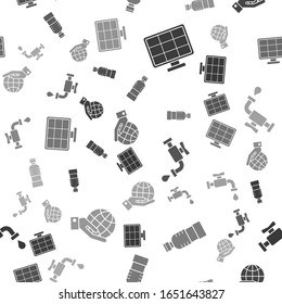 Set Solar energy panel, Bottle of water, Water tap and Human hands holding Earth globe on seamless pattern. Vector
