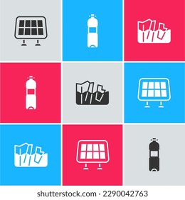 Set Solar energy panel, Bottle of water and Glacier melting icon. Vector