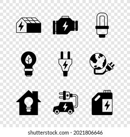 Fijar panel de energía solar, Comprobar motor, bombilla LED, Smart house y, Coche eléctrico, cartucho de combustible ecológico, Luz con hoja e icono de enchufe. Vector