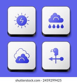 Set Solar energy panel, Cloud with rain,  and Rooster weather vane icon. White square button. Vector