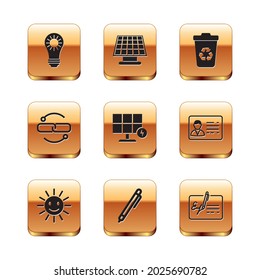 Set Solar energy panel, Cute sun with smile, Pen, Chain link line, Recycle bin recycle, Signed document and  icon. Vector