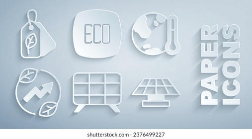 Set Solar energy panel, Earth melting to global warming, Electric saving plug leaf, Leaf Eco symbol and Tag with icon. Vector