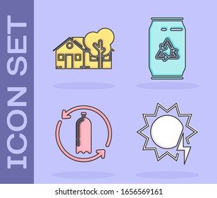 Set Solar energy panel, Eco friendly house, Recycling plastic bottle and Can with recycle symbol and can icon. Vector