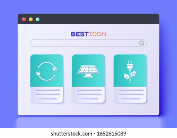 Set Solar energy panel, Electric plug and Electric saving plug in leaf icon. Vector