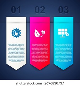 Conjunto de panel de energía solar, enchufe de ahorro eléctrico en hoja y . Plantilla de infografía de negocios. Vector
