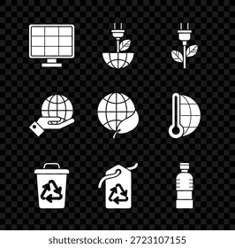 Set Solar energy panel, Electric saving plug in leaf, Recycle bin with recycle symbol, Tag, Bottle of water, Human hands holding Earth globe and  icon. Vector