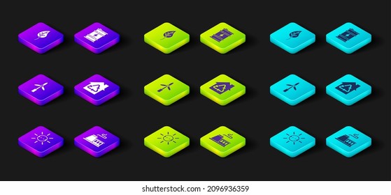 Coloque el panel de energía solar, fábrica, turbina eólica, casa ecológica con reciclado, barril de combustible de bio y icono de hojas de hoja de hoja. Vector