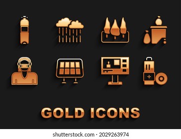 Set Solar energy panel, Full dustbin, Battery, Television report, Face protective mask, Forest, Bottle of water and Cloud with rain icon. Vector