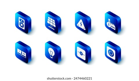 Set Solar energy panel, High voltage, Nuclear power plant, Power button, Voltmeter, Creative lamp light idea, Electric switch and Music player icon. Vector