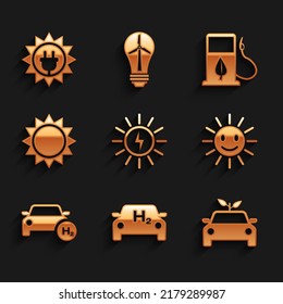 Set Solar Energy Panel, Hydrogen Auto, Eco Concept Drive, Cute Sonne mit Lächeln, Sonne, Bio-Brennstoff Kraftstoffdüse und Icon. Vektorgrafik
