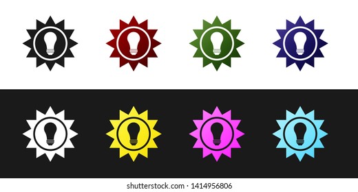 Set Solar energy panel icon isolated on black and white background. Sun and light bulb. Vector Illustration