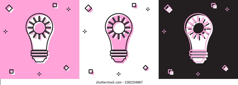 Set Solar energy panel icon isolated on pink and white, black background. Sun and light bulb.  Vector Illustration