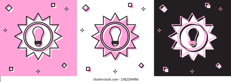 Set Solar energy panel icon isolated on pink and white, black background. Sun and light bulb.  Vector Illustration
