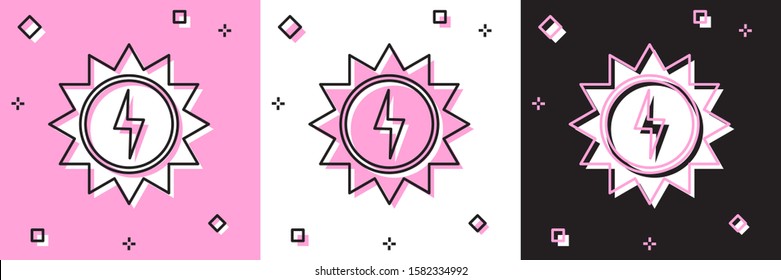 Set Solar energy panel icon isolated on pink and white, black background. Sun with lightning symbol.  Vector Illustration