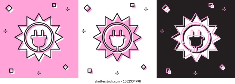 Set Solar energy panel icon isolated on pink and white, black background. Sun and electric plug.  Vector Illustration