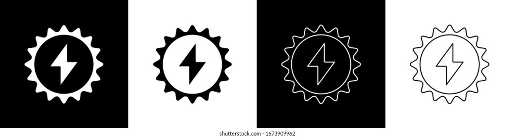 Set Solar energy panel icon einzeln auf schwarz-weißem Hintergrund. Sonne mit Blitzsymbol. Vektorillustration-Illustration