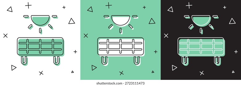Conjunto de icono de panel de energía solar aislado en blanco y verde, fondo negro.  Vector