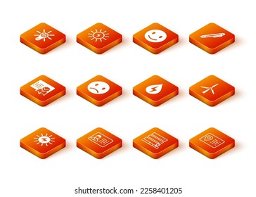 Set Solar energy panel, Identification badge, Certificate template, Sad smile, Customer care server, Water, Address book and Wind turbine icon. Vector