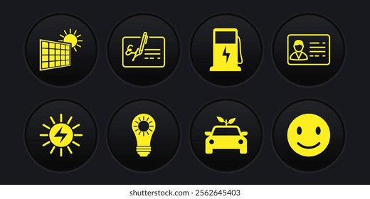 Set Solar energy panel, Identification badge, Eco car concept drive, Electric charging station, Signed document, Smile face and and sun icon. Vector