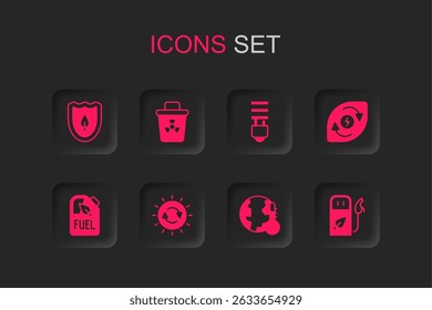 Set Solar energy panel, Infectious waste, Shield with leaf, Earth melting to global warming, Water, Petrol or gas station, LED light bulb and Bio fuel canister icon. Vector
