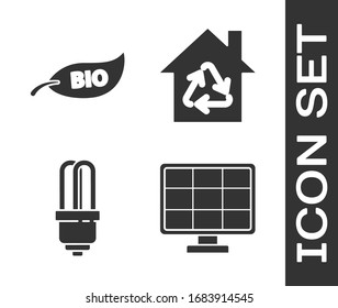 Set Solar energy panel, Leaf Bio symbol, LED light bulb and Eco House with recycling symbol icon. Vector
